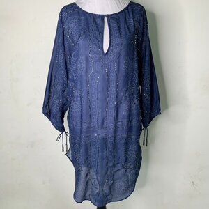 New Elie Tahari Women's Blue Beaded Sheer Boho Blouse Size Medium